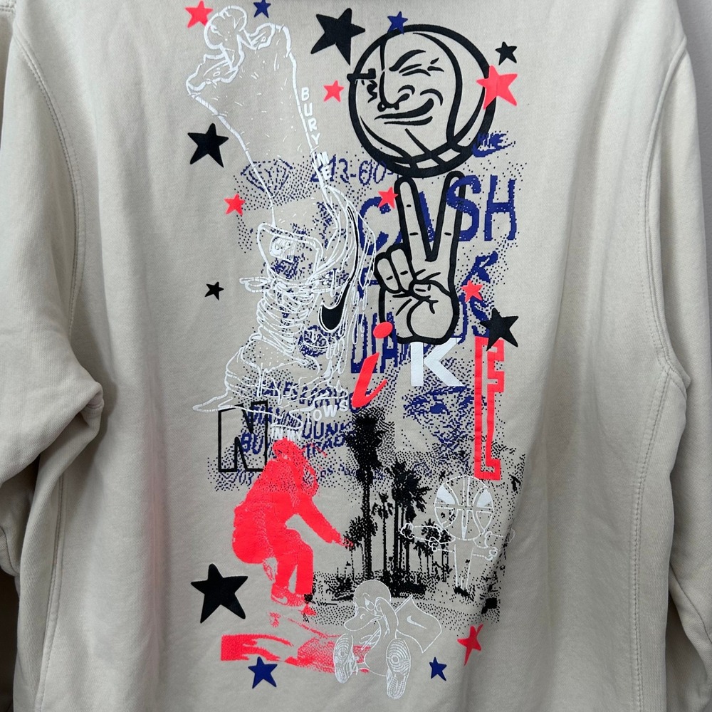 Nike Hoodie Mens L Cream Basketball Graphic Stars Pullover Sweatshirt Streetwear - Picture 3 of 10
